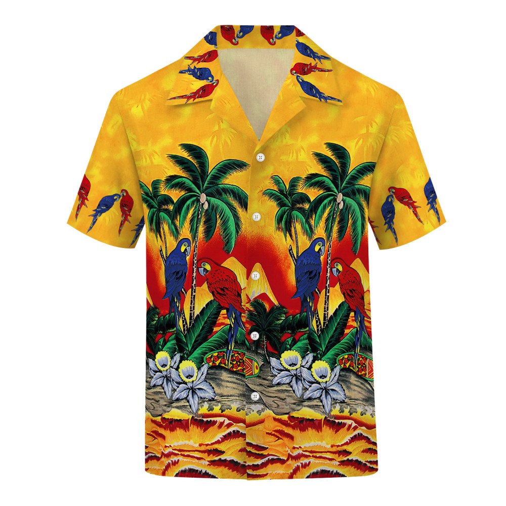 Tropical Hawaiian Aloha Shirt Parrot Palm Yellow Casual Button-Down ...
