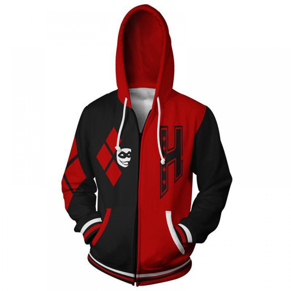 Harley Quinn Hoodies - Black And Red 3D Zipper Jacket Coat - Hhoodie.com